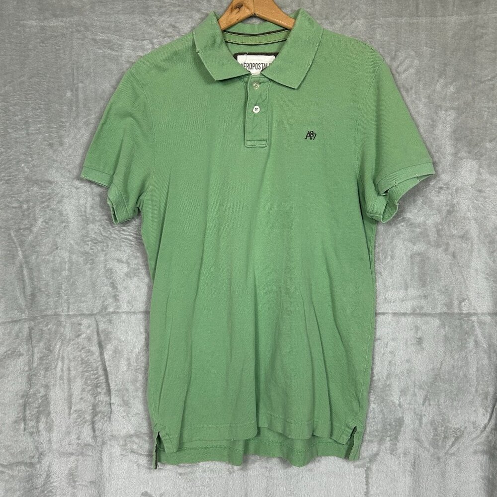 Aeropostale Polo Shirt Men's Large Green 1987 Distressed Short Sleeve Knit Y2K